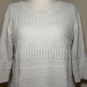 L.L.Bean Womens Sweater Large Ivory Cotton Knit 3/4 Sleeve Textured Crewneck
